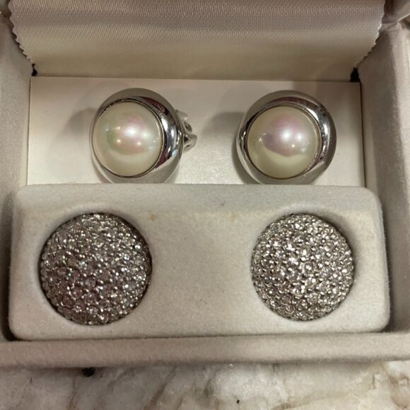 Vtg NEW Christian Dior Changeable Silver Clip-on Earrings Pearl to Crystal - Picture 1 of 5